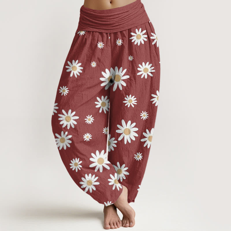 Pantalon sarouel décontracté à taille élastique pour femme avec motif marguerites blanches et Buddha Stones - Rouge indien - US22，UK/AU26，EU54 (6XL) - image 5