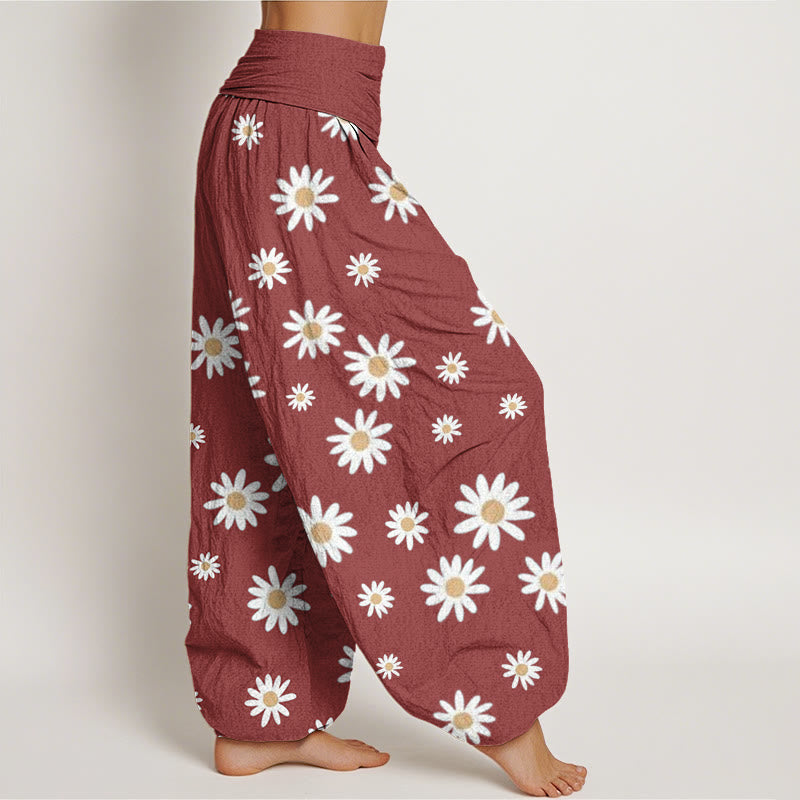 Pantalon sarouel décontracté à taille élastique pour femme avec motif marguerites blanches et Buddha Stones - image 7
