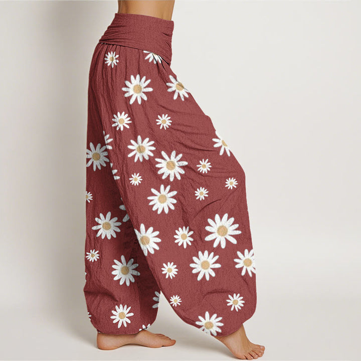 Pantalon sarouel décontracté à taille élastique pour femme avec motif marguerites blanches et Buddha Stones - image 7