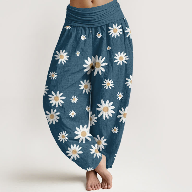 Pantalon sarouel décontracté à taille élastique pour femme avec motif marguerites blanches et Buddha Stones - Bleu acier - US22，UK/AU26，EU54 (6XL) - image 8
