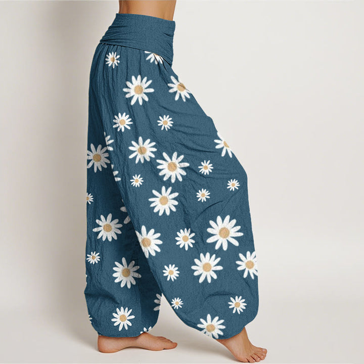 Pantalon sarouel décontracté à taille élastique pour femme avec motif marguerites blanches et Buddha Stones - image 10