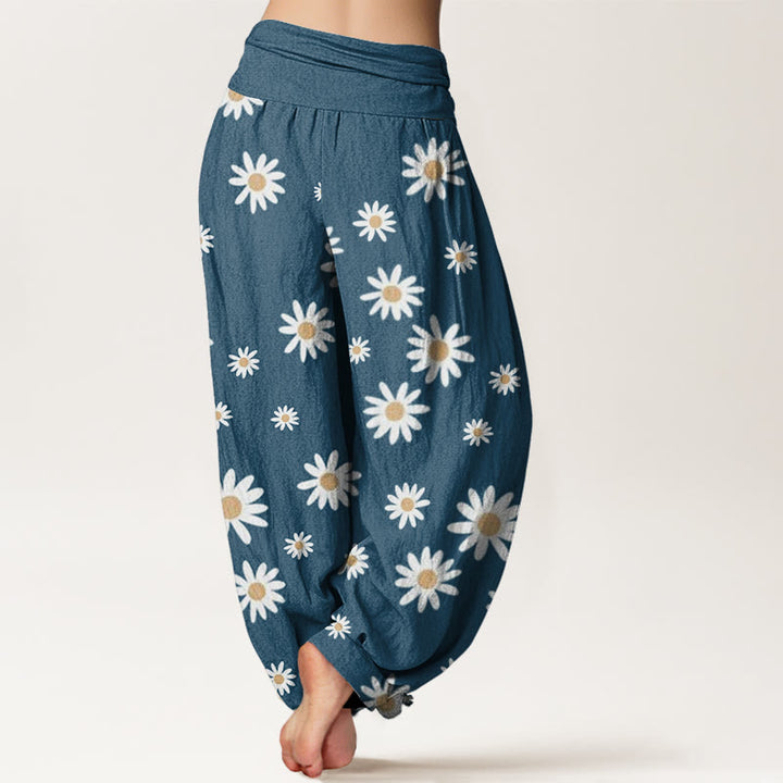 Pantalon sarouel décontracté à taille élastique pour femme avec motif marguerites blanches et Buddha Stones - image 9