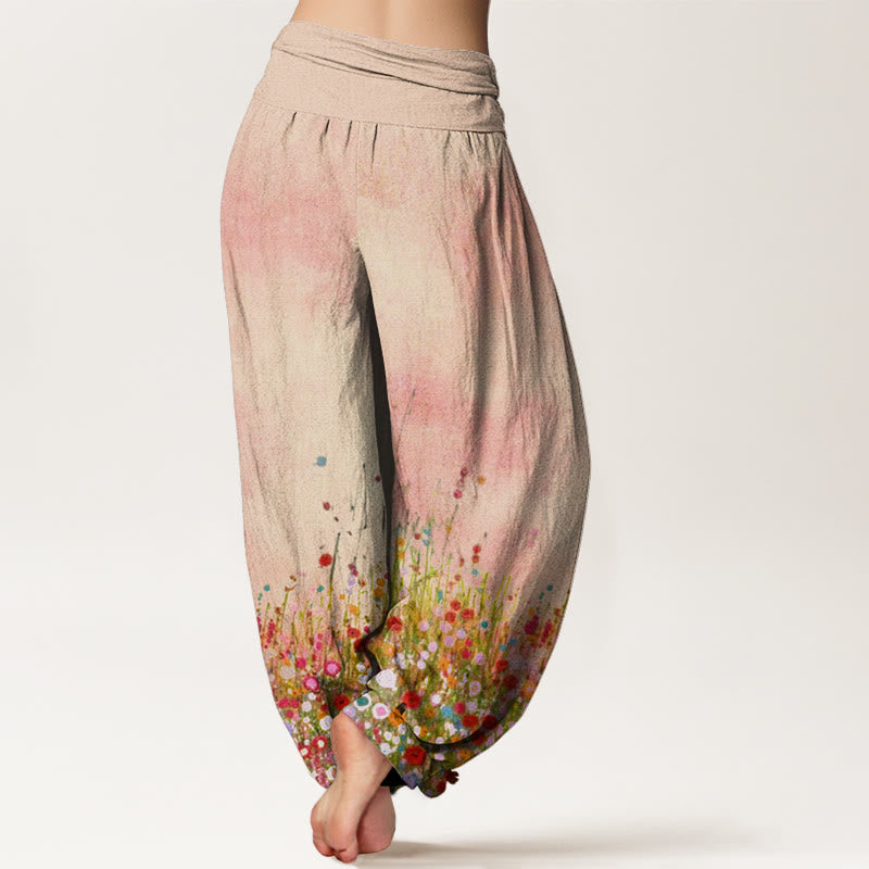 Pantalon harem à taille élastique pour femme, en coton, motif champ de fleurs sauvages colorées et Buddha Stones - image 1
