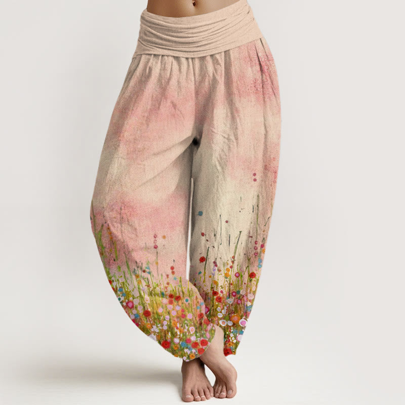 Pantalon harem à taille élastique pour femme, en coton, motif champ de fleurs sauvages colorées et Buddha Stones - Bisque - US22，UK/AU26，EU54 (6XL) - image 0