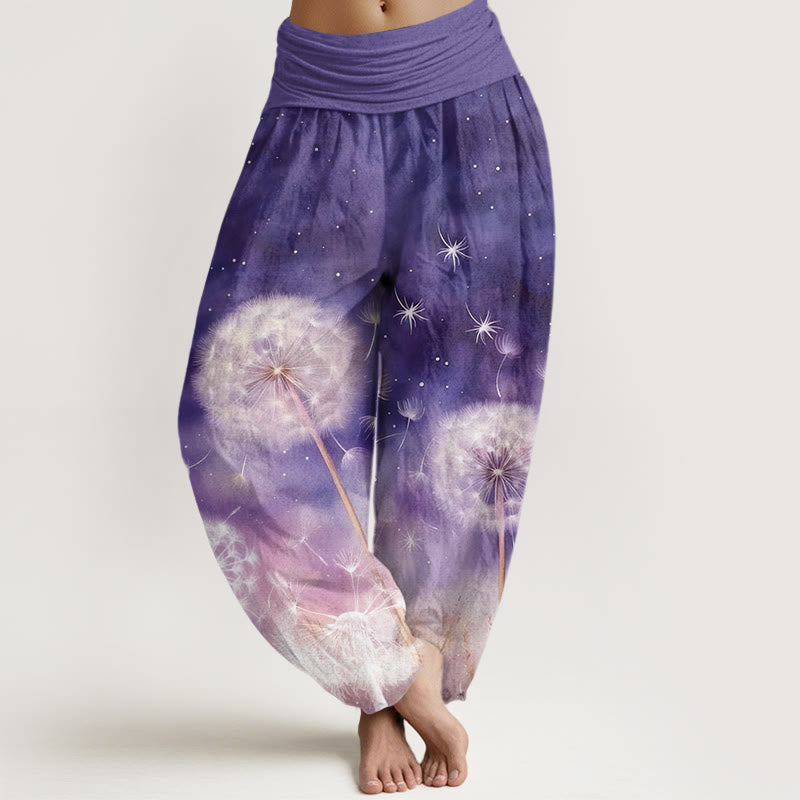 Pantalon harem décontracté en coton à motif pissenlit et Buddha Stones, taille élastique, pour femme - Violette sombre - US22，UK/AU26，EU54 (6XL) - image 0