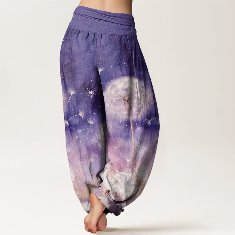 Pantalon harem décontracté en coton à motif pissenlit et Buddha Stones, taille élastique, pour femme - image 1