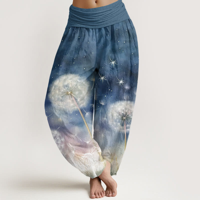 Pantalon sarouel décontracté à taille élastique pour femme avec motif pissenlit et Buddha Stones - Bleu acier - US22，UK/AU26，EU54 (6XL) - image 5