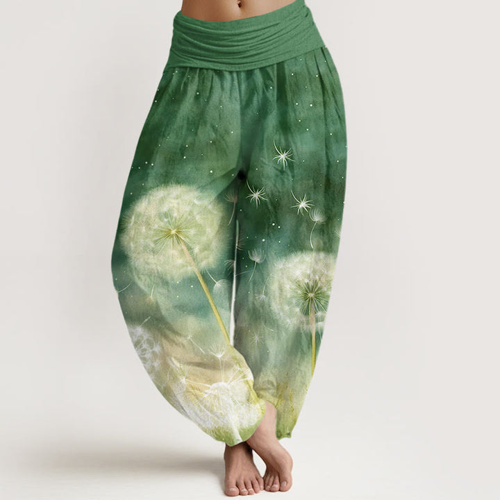 Pantalon harem décontracté en coton à motif pissenlit et Buddha Stones, taille élastique, pour femme - Vert forêt - US22，UK/AU26，EU54 (6XL) - image 7