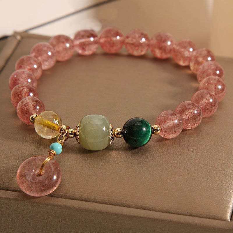 Bracelet en jade et quartz fraise naturel avec boucle de paix et Buddha Stones