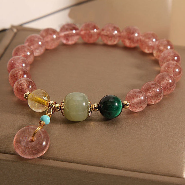 Bracelet en jade et quartz fraise naturel avec boucle de paix et Buddha Stones
