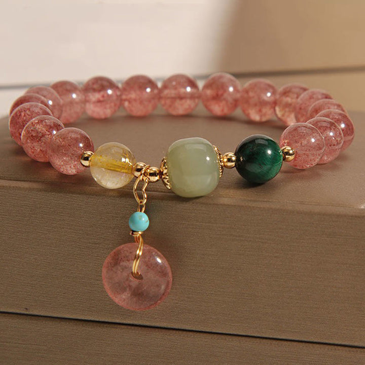 Bracelet en jade et quartz fraise naturel avec boucle de paix et Buddha Stones