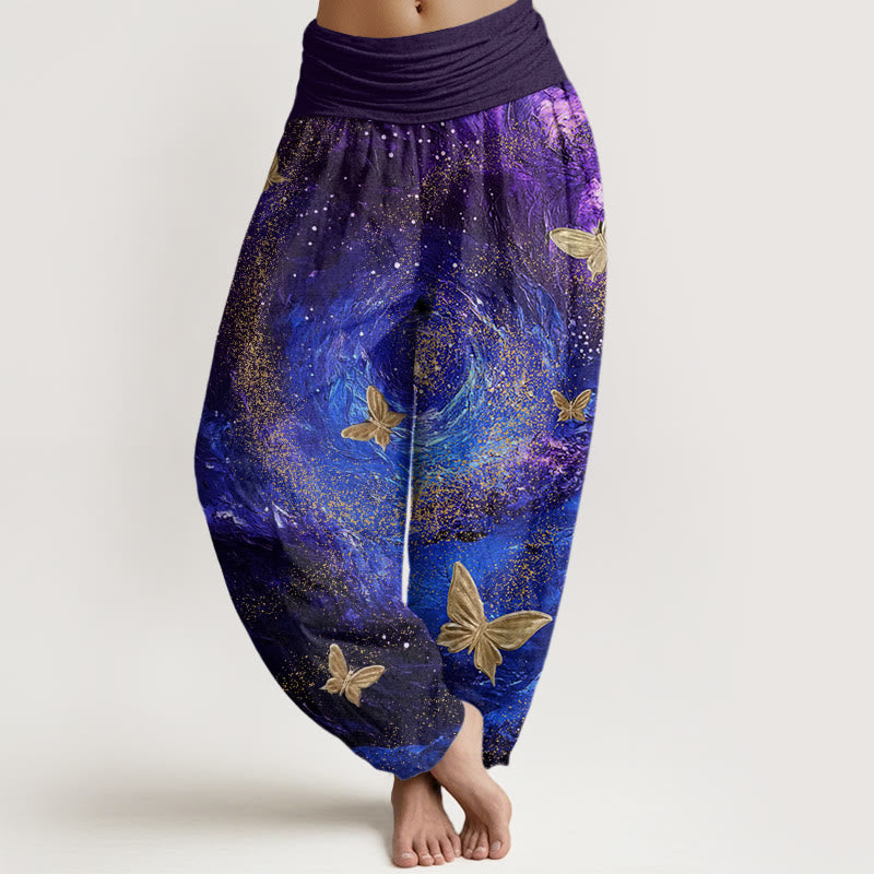 Pantalon sarouel décontracté à taille élastique pour femme, motif papillon et nébuleuses, Buddha Stones - Bleu moyen - US22，UK/AU26，EU54 (6XL) - image 1
