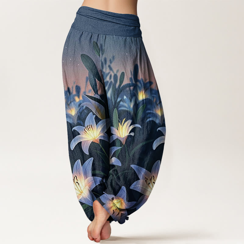 Pantalon sarouel décontracté à taille élastique pour femme avec motif de lys et Buddha Stones - image 2