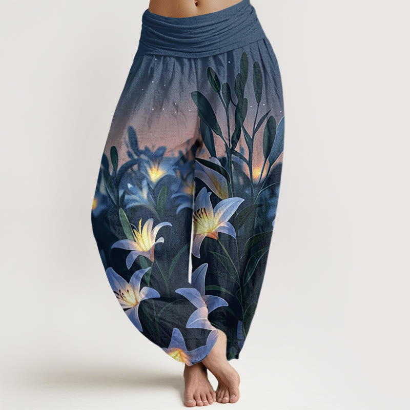 Pantalon sarouel décontracté à taille élastique pour femme avec motif de lys et Buddha Stones - Bleu foncé - US22，UK/AU26，EU54 (6XL) - image 1