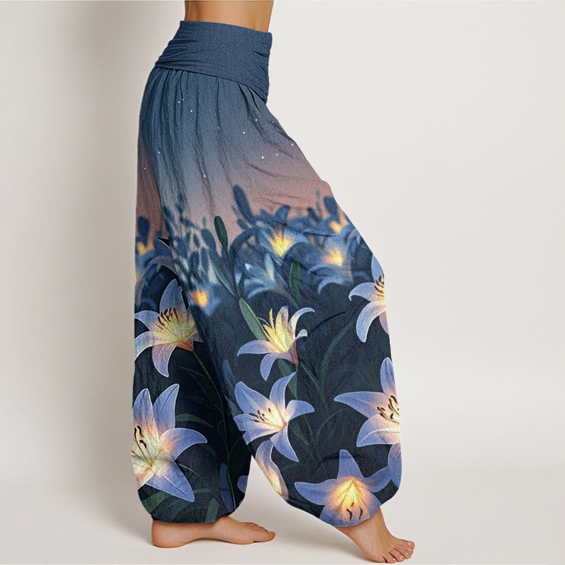 Pantalon sarouel décontracté à taille élastique pour femme avec motif de lys et Buddha Stones - image 3