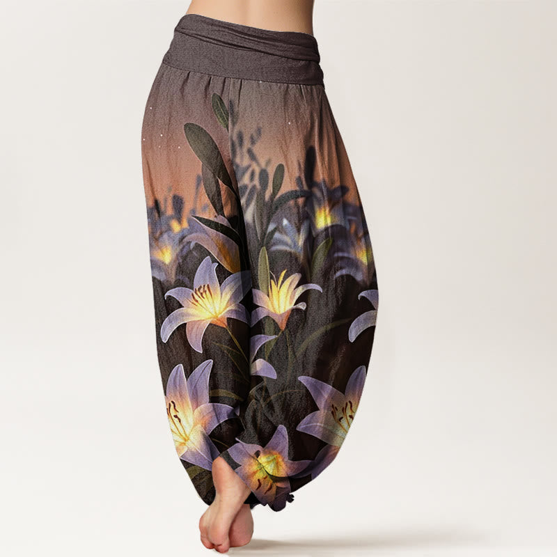 Pantalon sarouel décontracté à taille élastique pour femme avec motif de lys et Buddha Stones - image 6