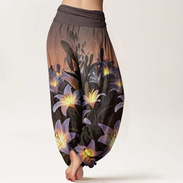 Pantalon sarouel décontracté à taille élastique pour femme avec motif de lys et Buddha Stones - image 6