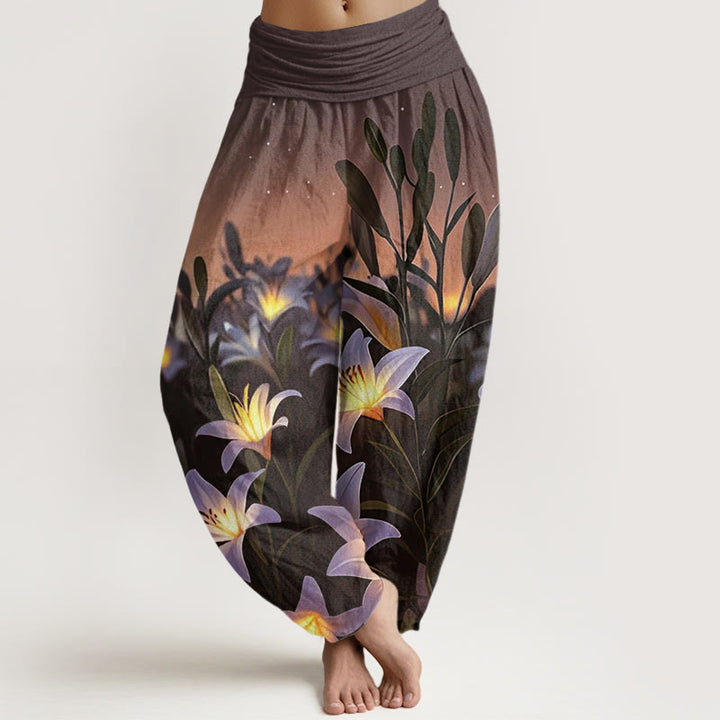 Pantalon sarouel décontracté à taille élastique pour femme avec motif de lys et Buddha Stones - SaddleBrown - US22，UK/AU26，EU54 (6XL) - image 5