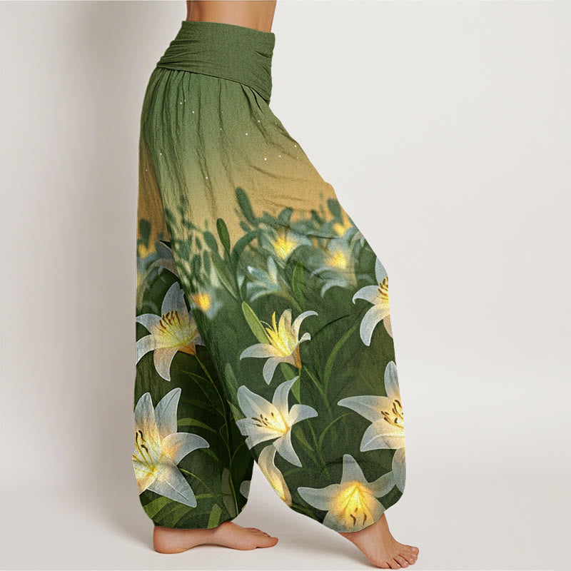 Pantalon sarouel décontracté à taille élastique pour femme avec motif de lys et Buddha Stones - image 10