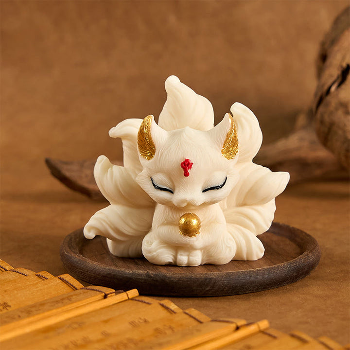 Buddha Stones Petit Renard à Neuf Queues Sculpté Ivoire Support de Fruits Décoration de la Maison - Ivoire Fruit Renard Blanc 7,5*5,5cm - image 8