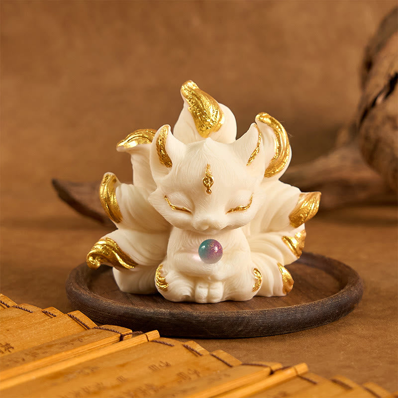 Buddha Stones Petit Renard à Neuf Queues Sculpté Ivoire Support de Fruits Décoration de la Maison - Ivory Fruit Golden Fox 7,5*5,5cm - image 0