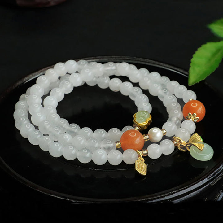 Bracelet porte-bonheur multicouche en jade blanc naturel avec Buddha Stones et boucle de paix