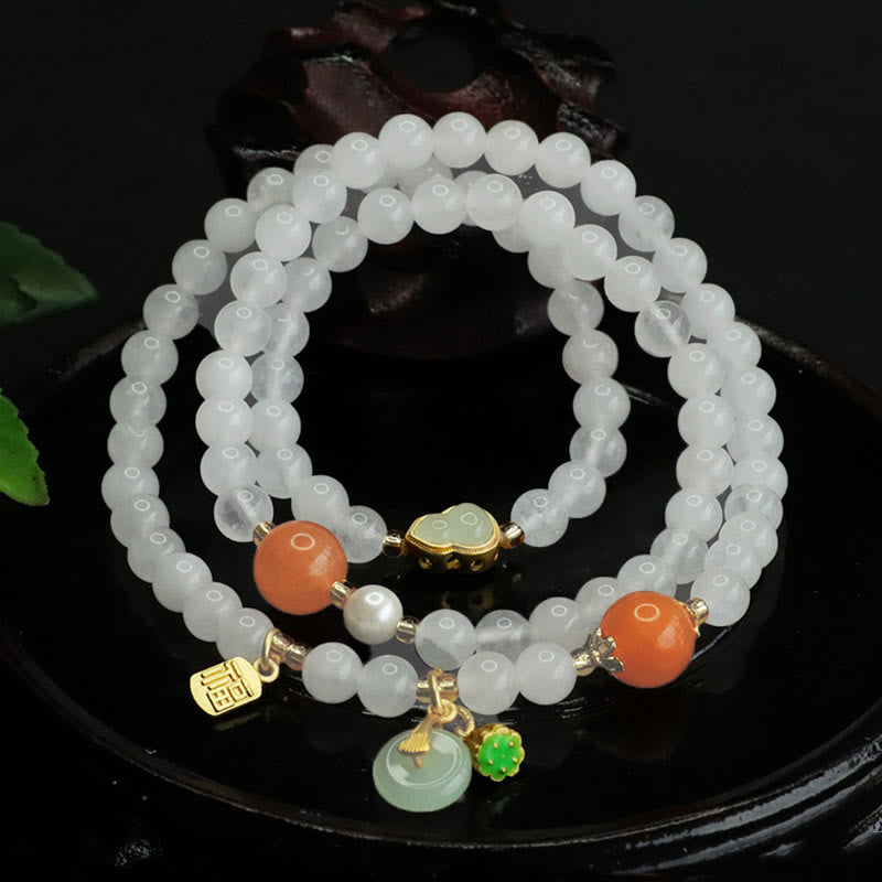Bracelet porte-bonheur multicouche en jade blanc naturel avec Buddha Stones et boucle de paix