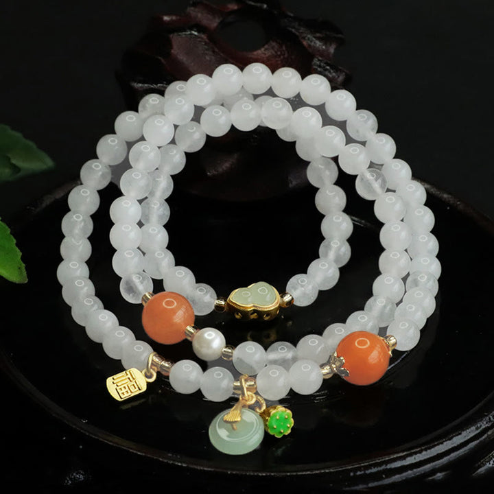 Bracelet porte-bonheur multicouche en jade blanc naturel avec Buddha Stones et boucle de paix