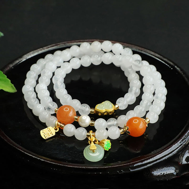 Bracelet porte-bonheur multicouche en jade blanc naturel avec Buddha Stones et boucle de paix