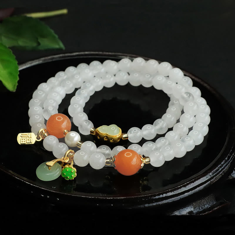 Bracelet porte-bonheur multicouche en jade blanc naturel avec Buddha Stones et boucle de paix