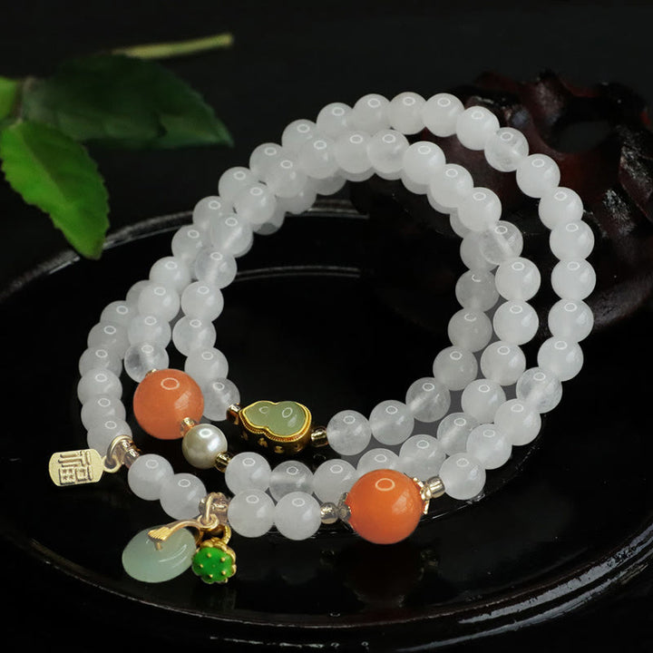 Bracelet porte-bonheur multicouche en jade blanc naturel avec Buddha Stones et boucle de paix