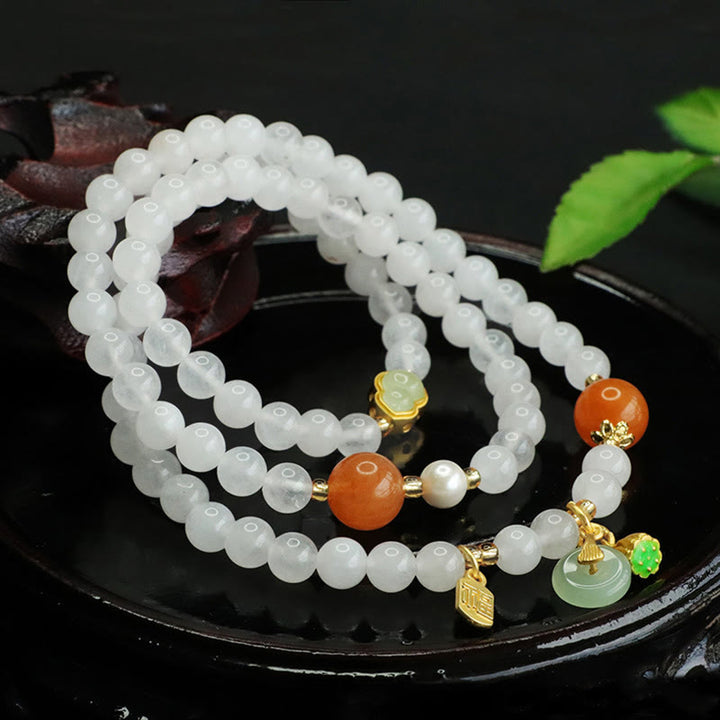 Bracelet porte-bonheur multicouche en jade blanc naturel avec Buddha Stones et boucle de paix