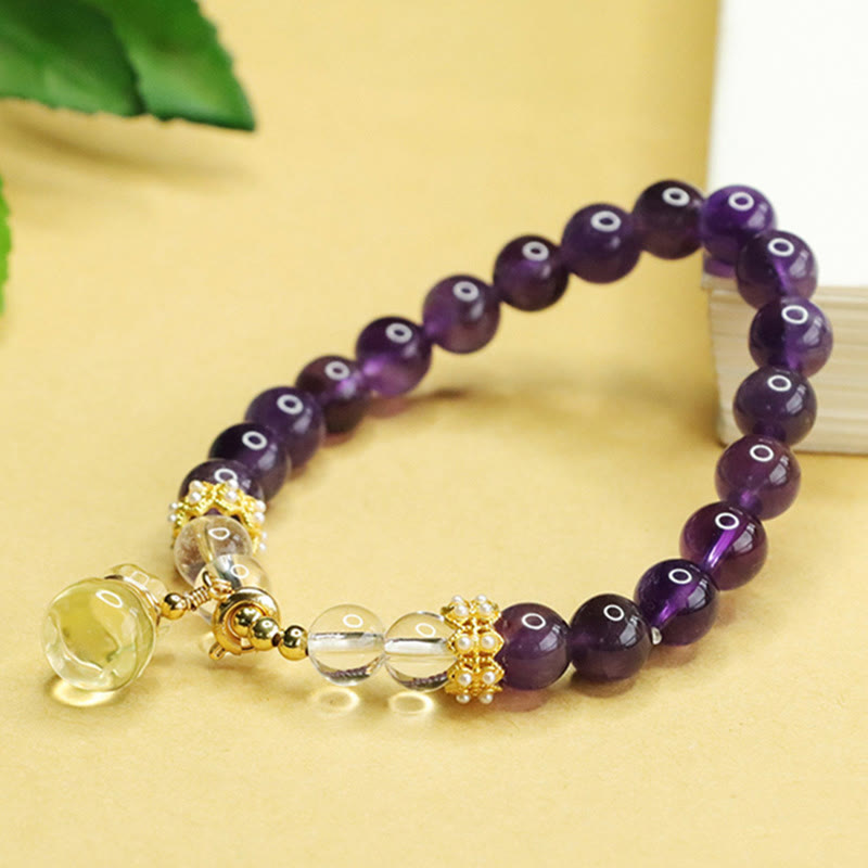Bracelet d'équilibre en Buddha Stones, améthyste naturelle, citrine et sac d'argent
