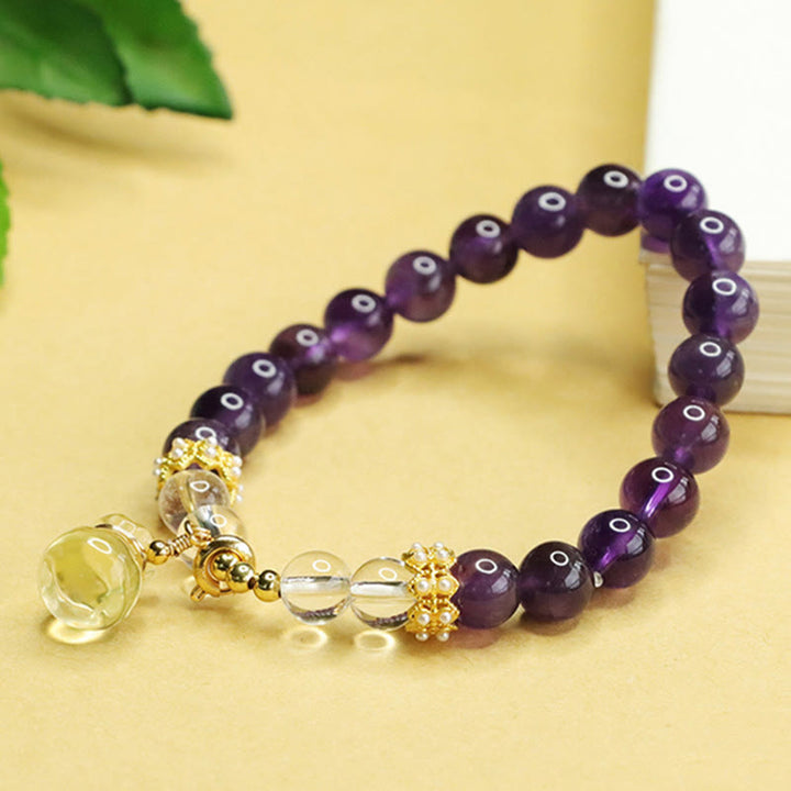 Bracelet d'équilibre en Buddha Stones, améthyste naturelle, citrine et sac d'argent