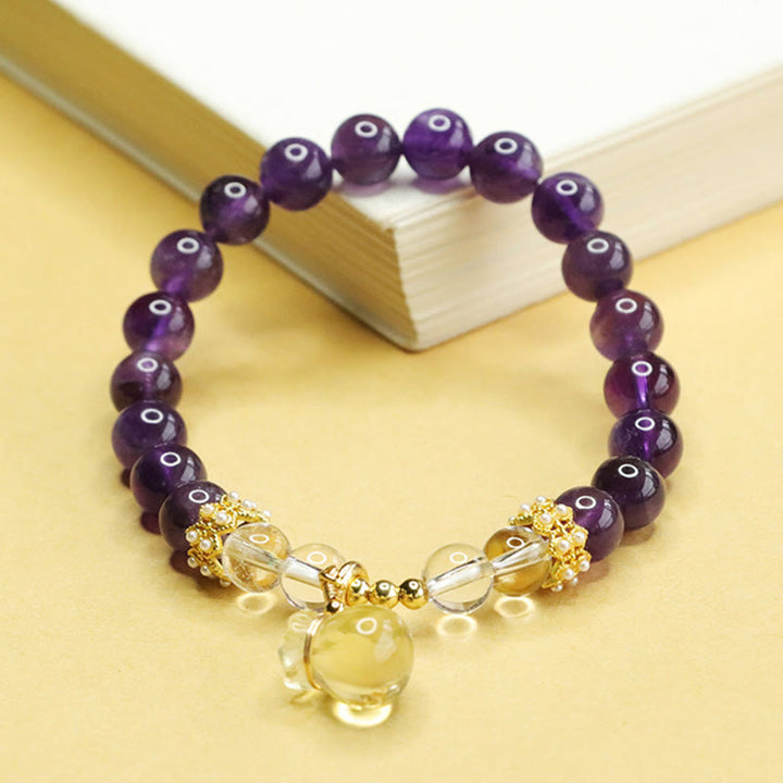 Bracelet d'équilibre en Buddha Stones, améthyste naturelle, citrine et sac d'argent