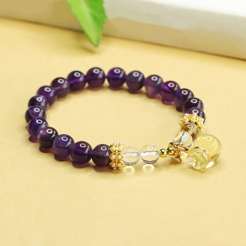 Bracelet d'équilibre en Buddha Stones, améthyste naturelle, citrine et sac d'argent