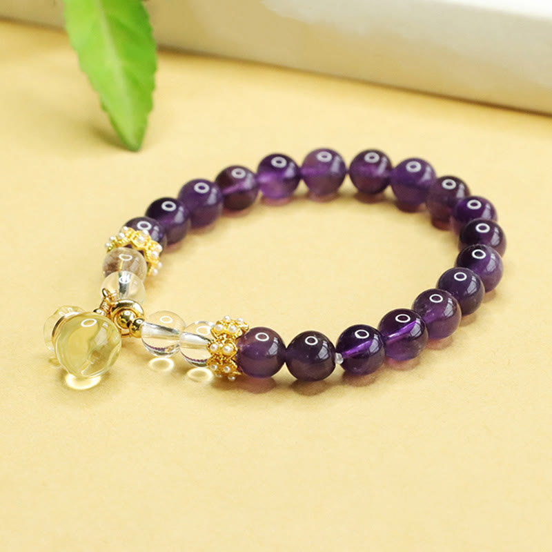 Bracelet d'équilibre en Buddha Stones, améthyste naturelle, citrine et sac d'argent