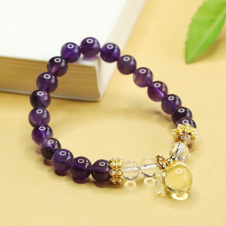 Bracelet d'équilibre en Buddha Stones, améthyste naturelle, citrine et sac d'argent