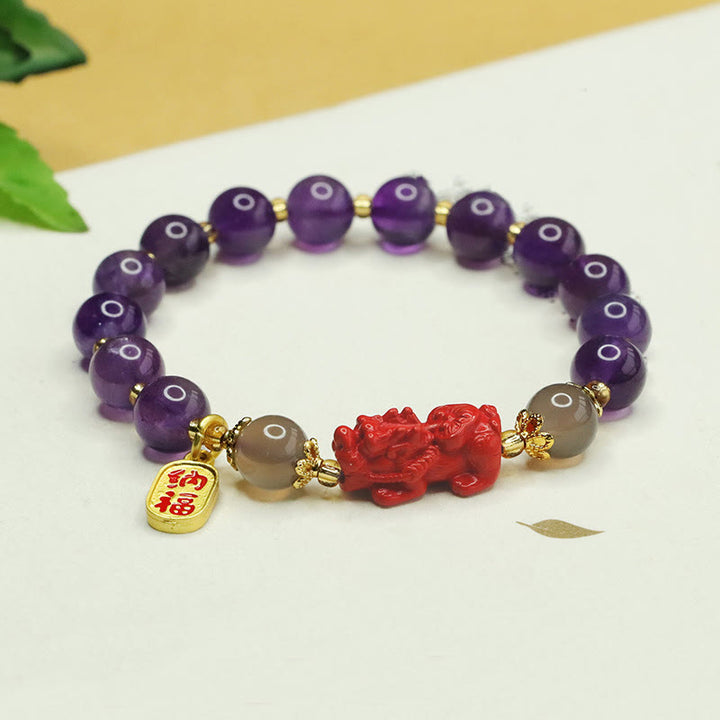 Bracelet d'équilibre en Buddha Stones, améthyste naturelle, cinabre, caractère Pi Xiu Fu