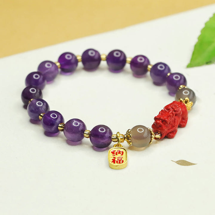 Bracelet d'équilibre en Buddha Stones, améthyste naturelle, cinabre, caractère Pi Xiu Fu