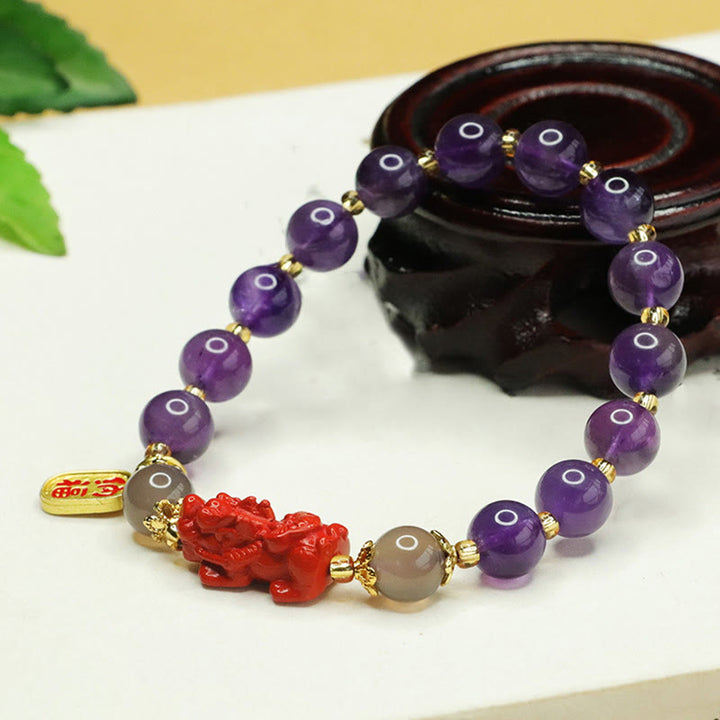 Bracelet d'équilibre en Buddha Stones, améthyste naturelle, cinabre, caractère Pi Xiu Fu