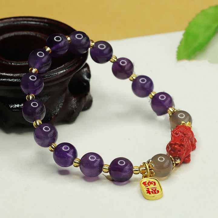 Bracelet d'équilibre en Buddha Stones, améthyste naturelle, cinabre, caractère Pi Xiu Fu