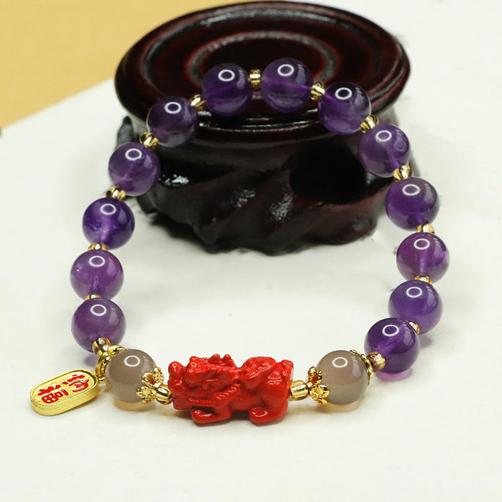 Bracelet d'équilibre en Buddha Stones, améthyste naturelle, cinabre, caractère Pi Xiu Fu