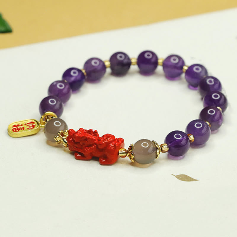 Bracelet d'équilibre en Buddha Stones, améthyste naturelle, cinabre, caractère Pi Xiu Fu