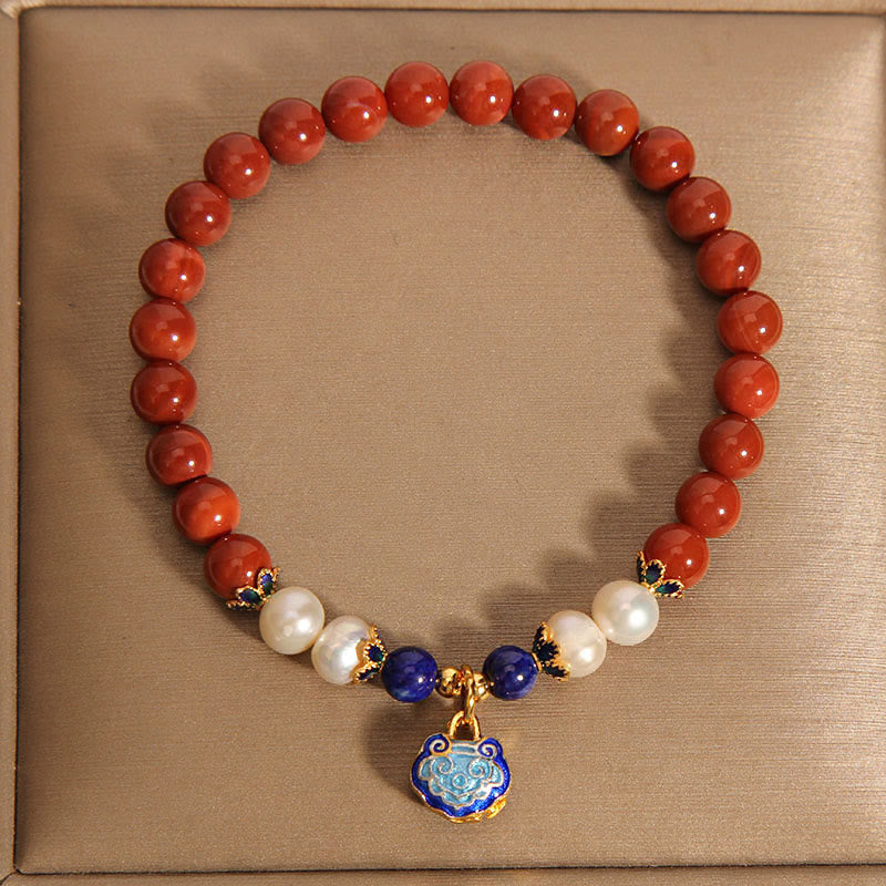 Bracelet en Buddha Stones , perles d'agate rouge du Sud naturelles, breloque cadenas de paix, positif