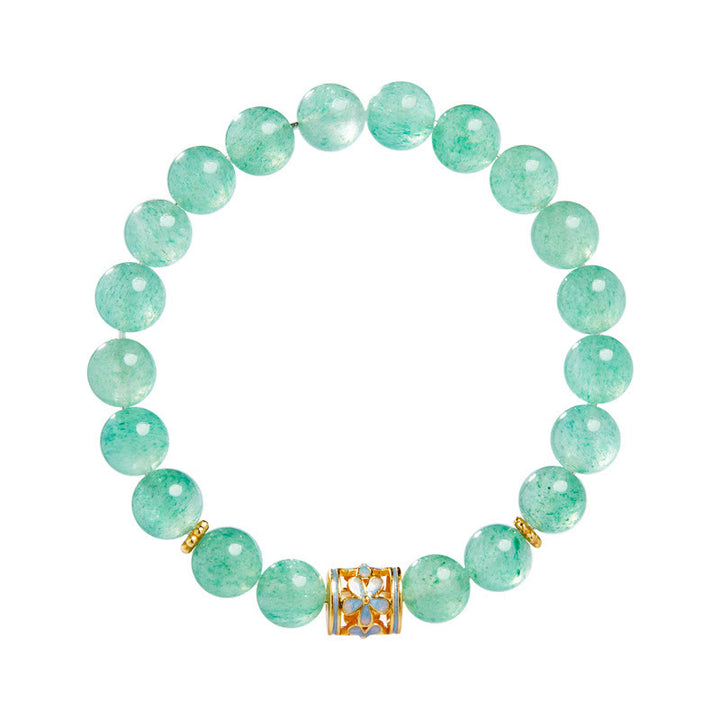 Bracelet Buddha Stones en argent sterling 925, quartz fraise vert et fleur apaisante
