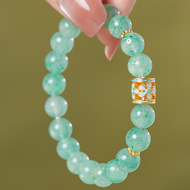 Bracelet Buddha Stones en argent sterling 925, quartz fraise vert et fleur apaisante