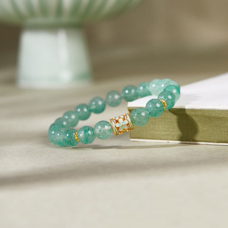 Bracelet Buddha Stones en argent sterling 925, quartz fraise vert et fleur apaisante