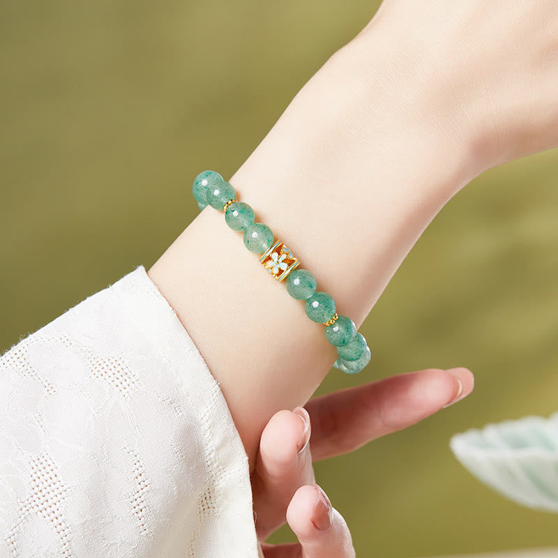 Bracelet Buddha Stones en argent sterling 925, quartz fraise vert et fleur apaisante