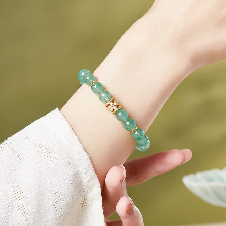 Bracelet Buddha Stones en argent sterling 925, quartz fraise vert et fleur apaisante